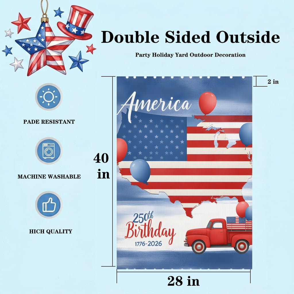 Independence Day Garden Flag Red truck Map United States America 250th Birthday Celebration 1776-2026 28x40in House Flag USA Decor
