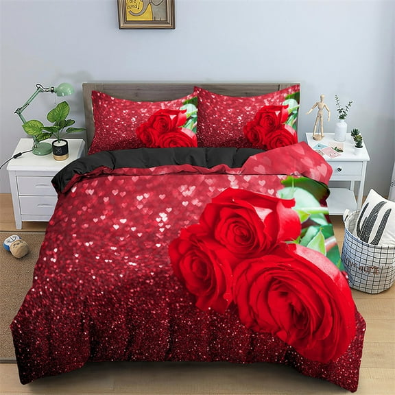 Rose Duvet Cover Set Microfiber Pink Heart Rose tic Flower Theme Bedding Set For Lovers Double King