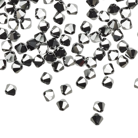 Bead, Preciosa Czech crystal, jet hematite 2X, 4mm faceted bicone. Sold per pkg of 720 (5 gross).1pk