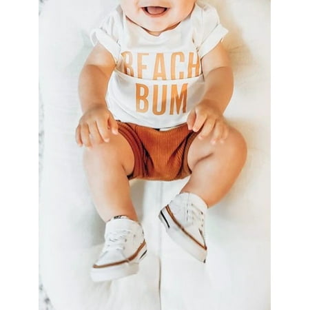 

Lamuusaa Baby Boys Summer Outfit Sets White Short Sleeve Letter Print Tops + Solid Color Drawstring Shorts
