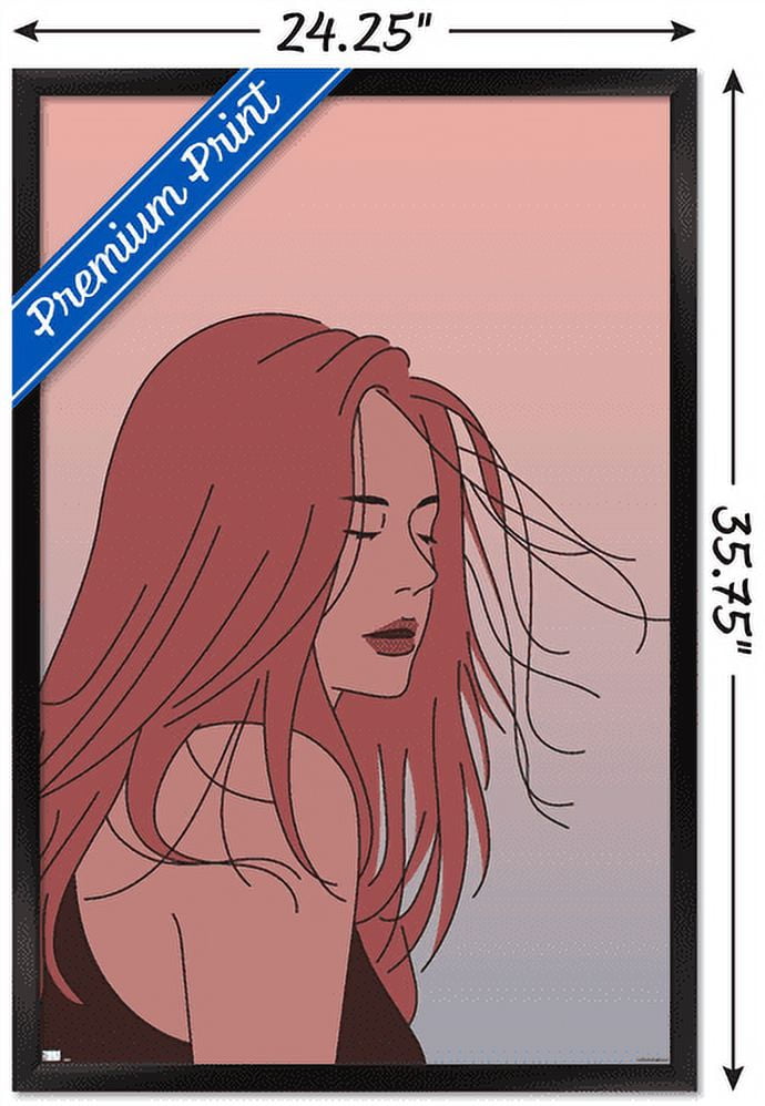 Hand Drawn Woman With Blowing Hair Wall Poster, 22.375" x 34" Framed