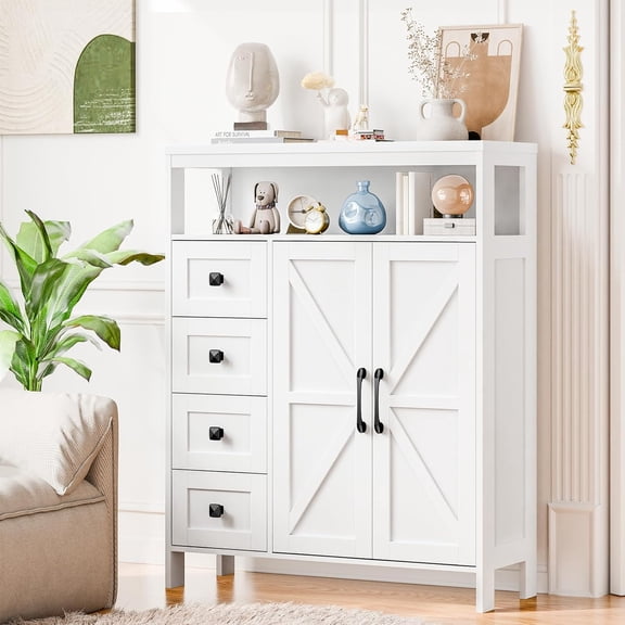 Farmhouse Storage Cabinet with 2 Doors and 4 Drawers, Freestanding Bathroom Cabinets Kitchen Pantry, Floor Storage Cabinet Hutch Cupboard for Kitchen/Living Room/Bathroom (White)