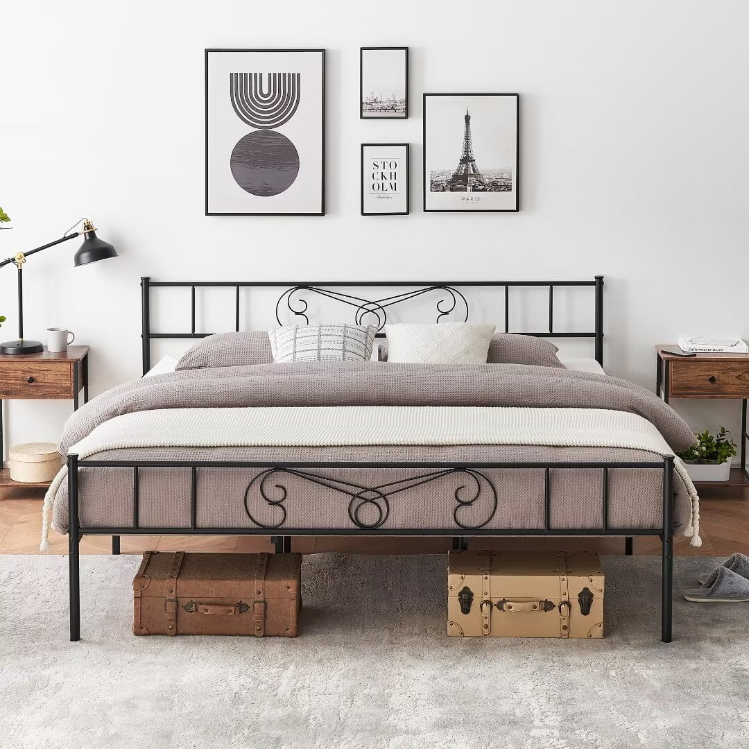 King Size Bed Frame with Vintage Pattern Headboard and Footboard, Metal Platform Bed Frame with Storage, Mattress Foundation, Easy Assembly, Black