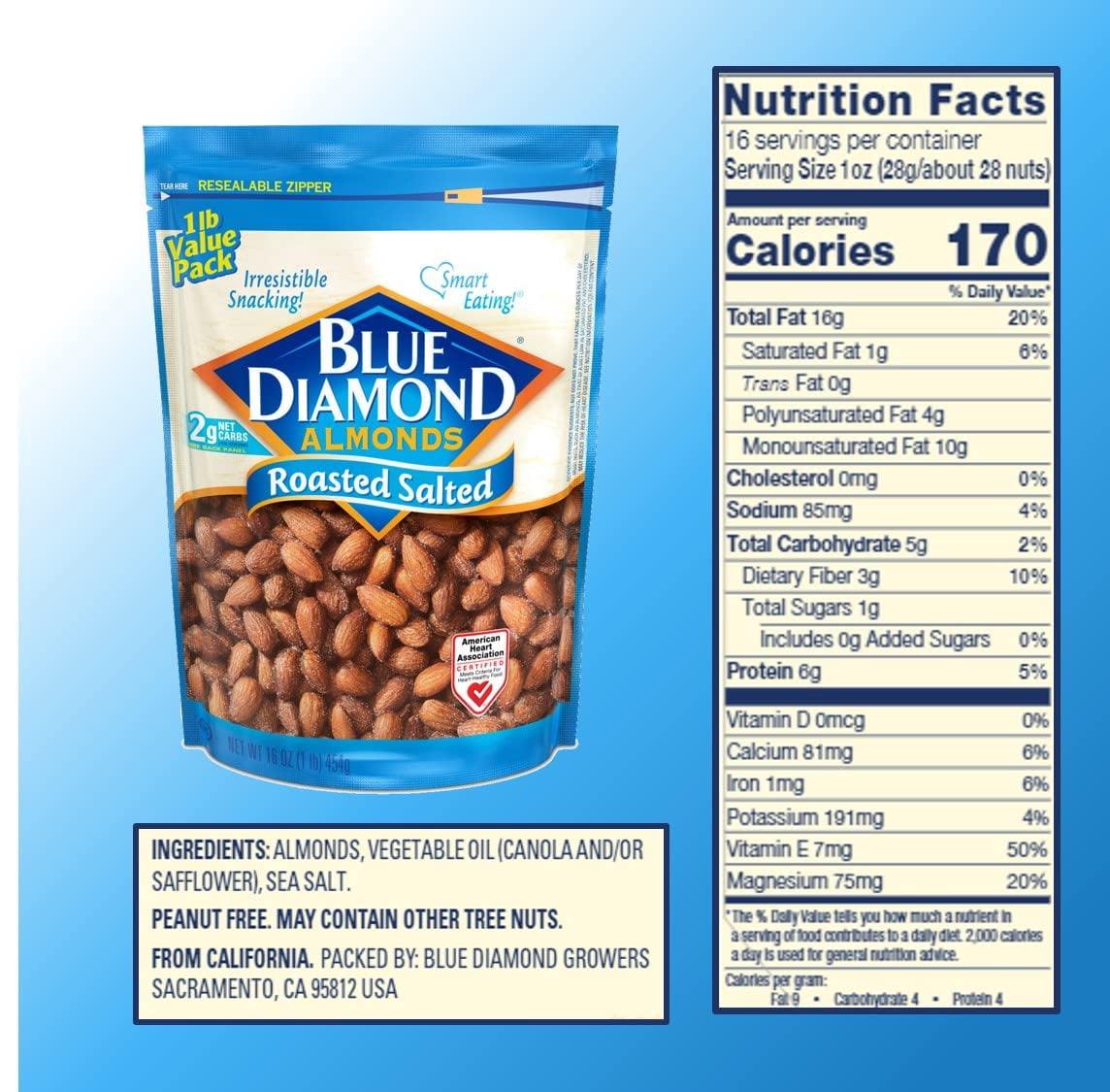Pack of 6, Blue Diamond Roasted Salted Almonds, 16 oz