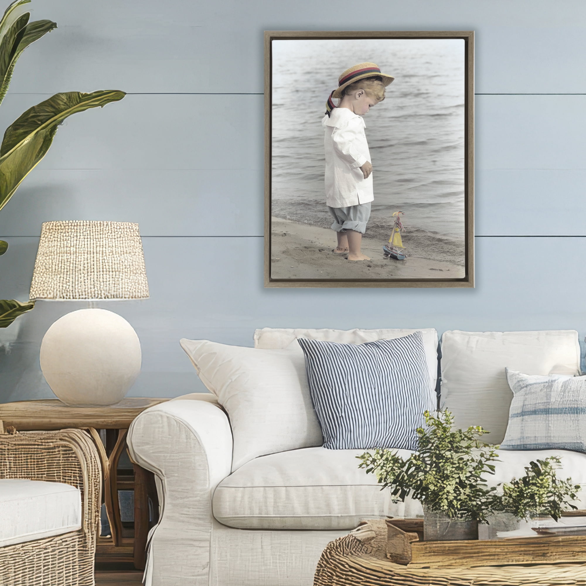 Stupell Industries Child on Beach Shore Brown Framed Floater Canvas Wall Art, design by Kendra Dew