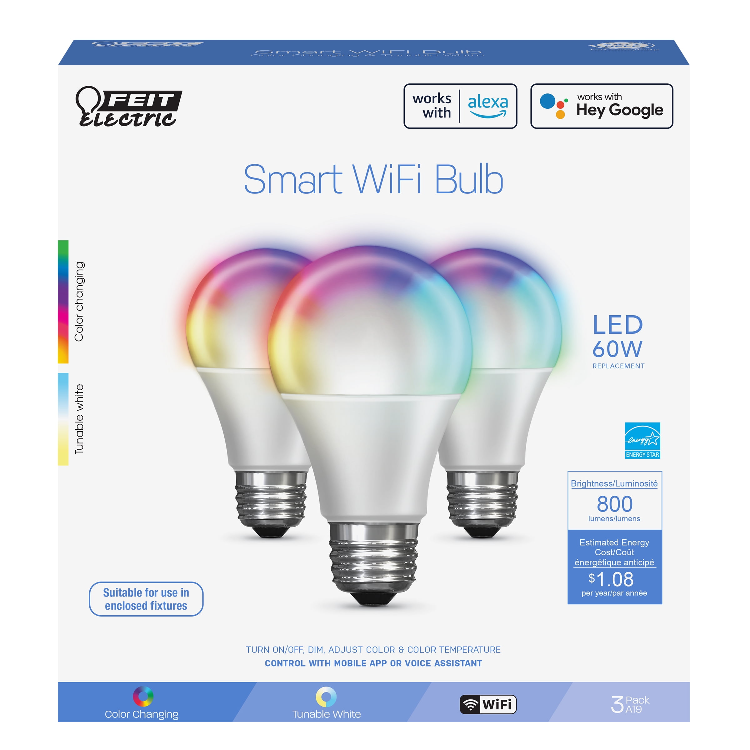 Feit Electric Smart Wifi Bulb A19 LED Color Changing Dimmable 60W Voice Control 