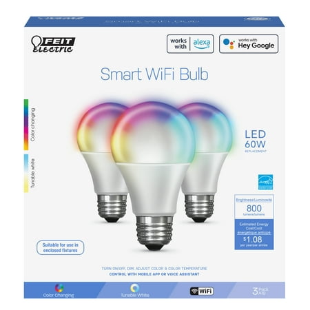 Feit Electric Smart LED 9 Watt (60 Watt Equiv) Color Select White Light Bulb, A19, E26, Dim 3 Pack