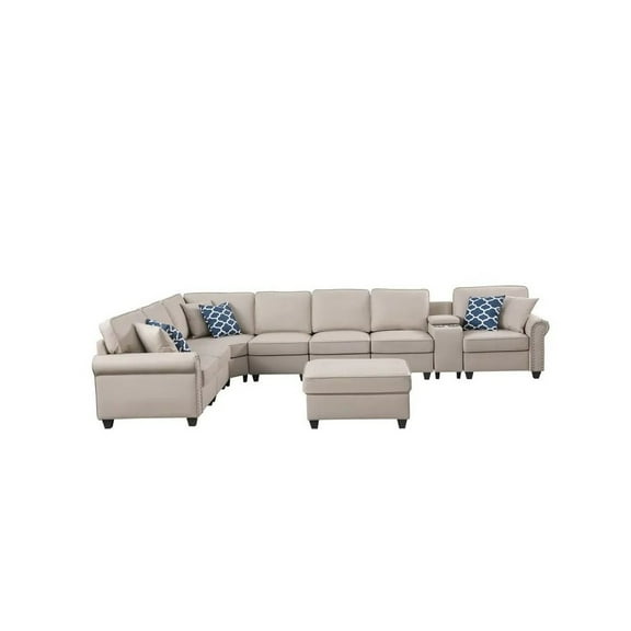 Devion Furniture Ella Faux Leather Modular Sectional Sofa with ottoman and cupholder console
