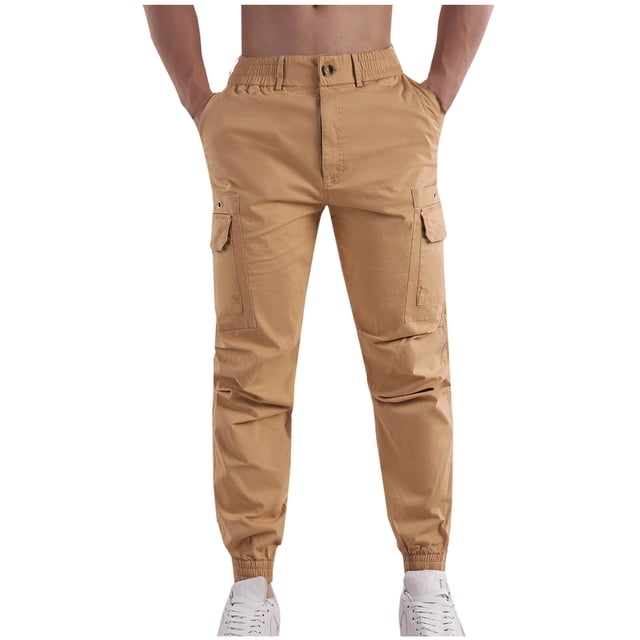 Pants for Men, Mens Fashion Casual Solid Color Cargo Pockets Elastic Rope Waist Casual Cargo Pants Full Length Pants