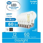 Great Value 18YR A19 LED Light Bulb, 8.5W(60W Equivalent) Dimmable Daylight E26 Medium Base, 12 Pack