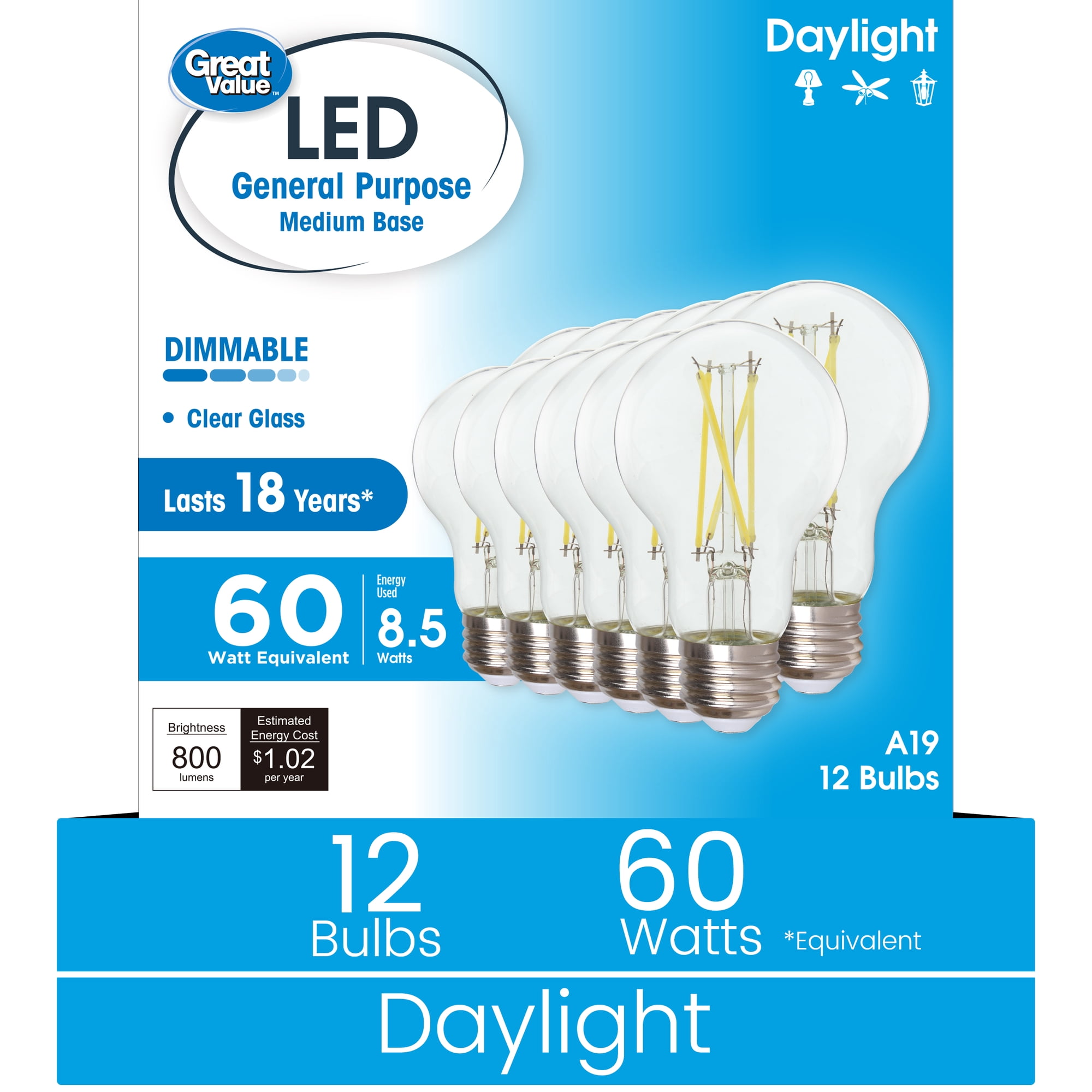 Great Value 18YR A19 LED Light Bulb, 8.5W(60W Equivalent) Dimmable Daylight E26 Medium Base, 12 Pack