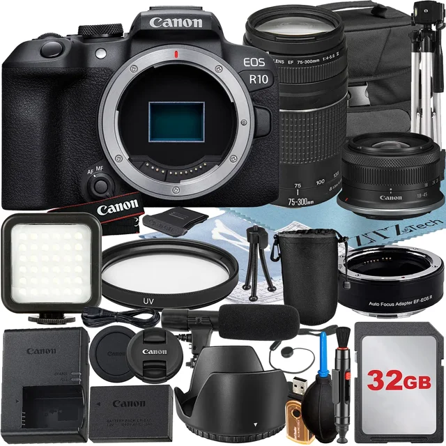 Canon EOS R10 Mirrorless Camera with RF-S 18-45mm + EF 75-300mm Lens + Mount Adapter + 32GB Memory Card + Case + LED Flash + ZeeTech Accessory Bundle