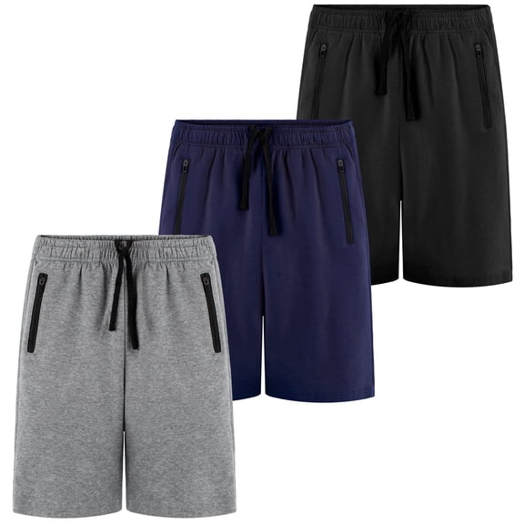 BIG ELEPHANT Boy's Athletic Shorts with Zipper Pockets and Drawsting, Youth Boys Casual Shorts, 3-Pack, Sizes: 7-17Y