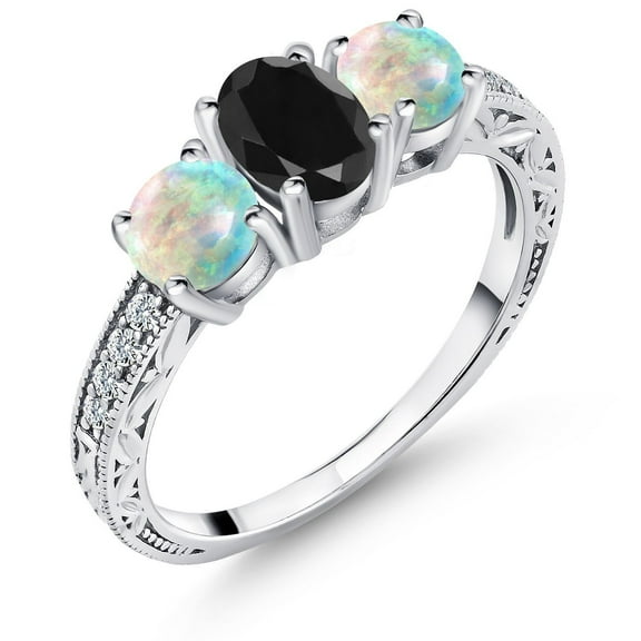 Gem Stone King 925 Sterling Silver Black Sapphire and White Simulated Opal Ring for Women (2.19 Cttw, Size 8)