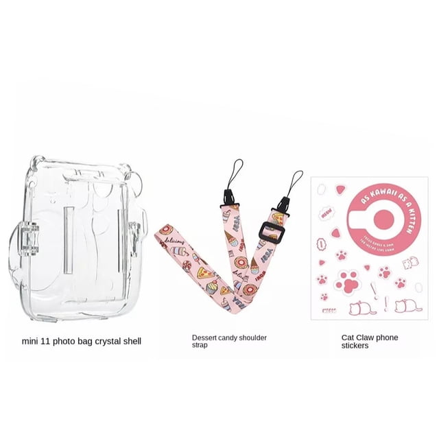 For Fujifilm Instax Mini 11 Camera - 3-in-1 Clear Crystal Protective Case Set with Photo Pocket, Shoulder Strap & Stickers, Transparent Hard Shell