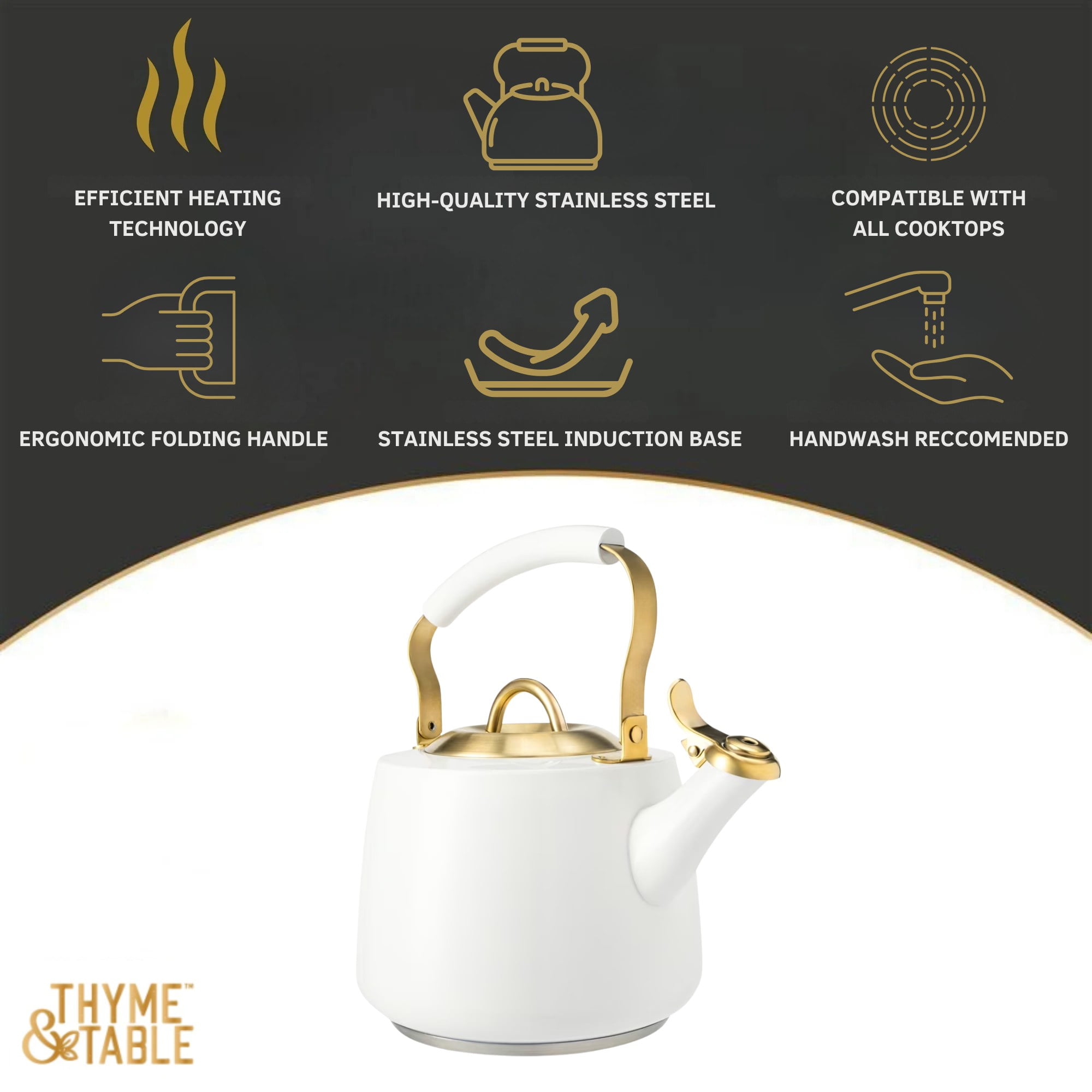 Thyme & Table 1.8L Stainless Steel Stovetop Tea Kettle - White & Gold