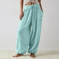 thumbnail image 3 of Womens Casual Loose Fit Wide Leg Cotton Pants Drawstring Stitching Baggy Pants Trousers with Pockets Light Blue M, 3 of 8