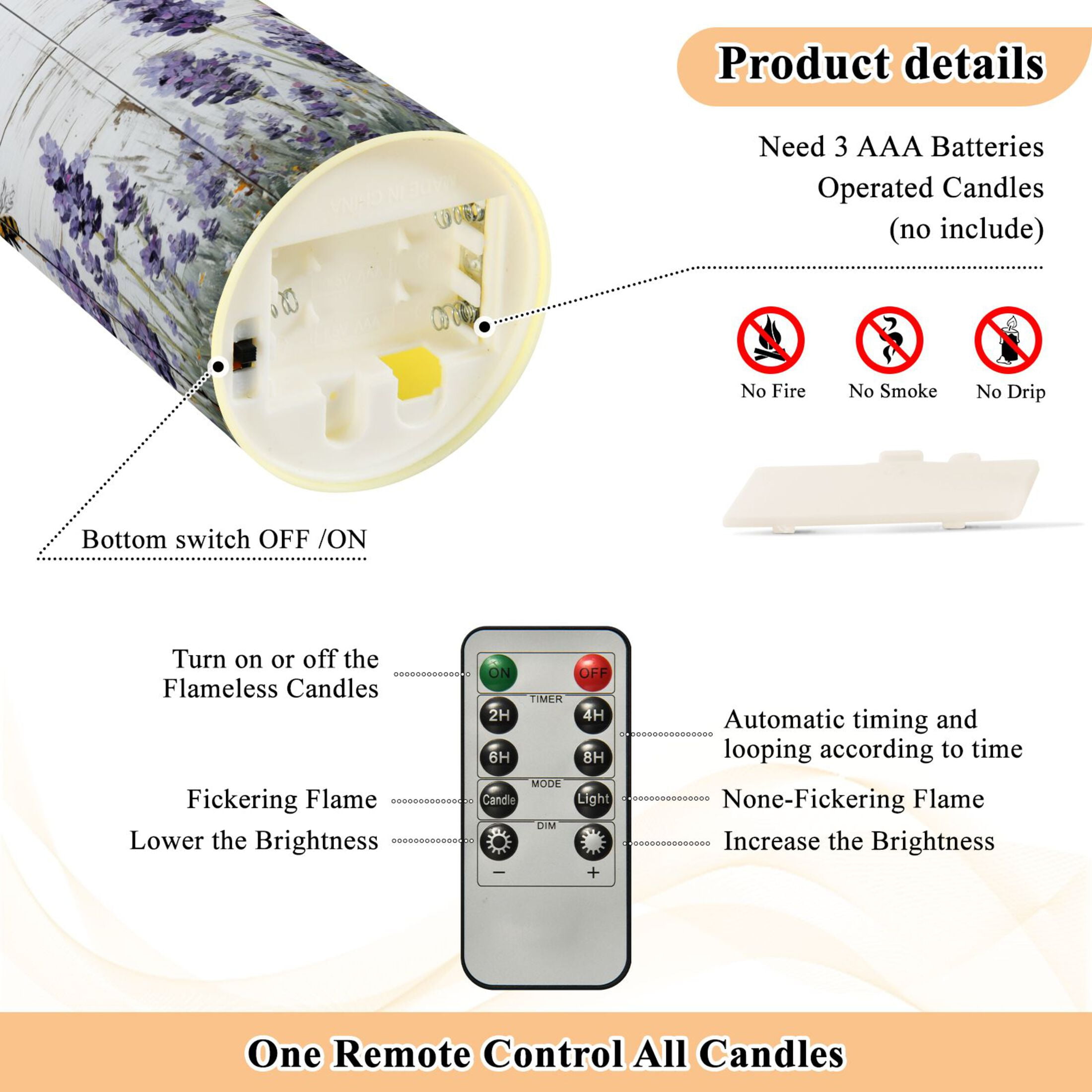 2 PCS Tilted Flameless Candles Flickering LED Lights Battery Operated Candles with Remote Timers for Holiday Decor Lavender and Bees