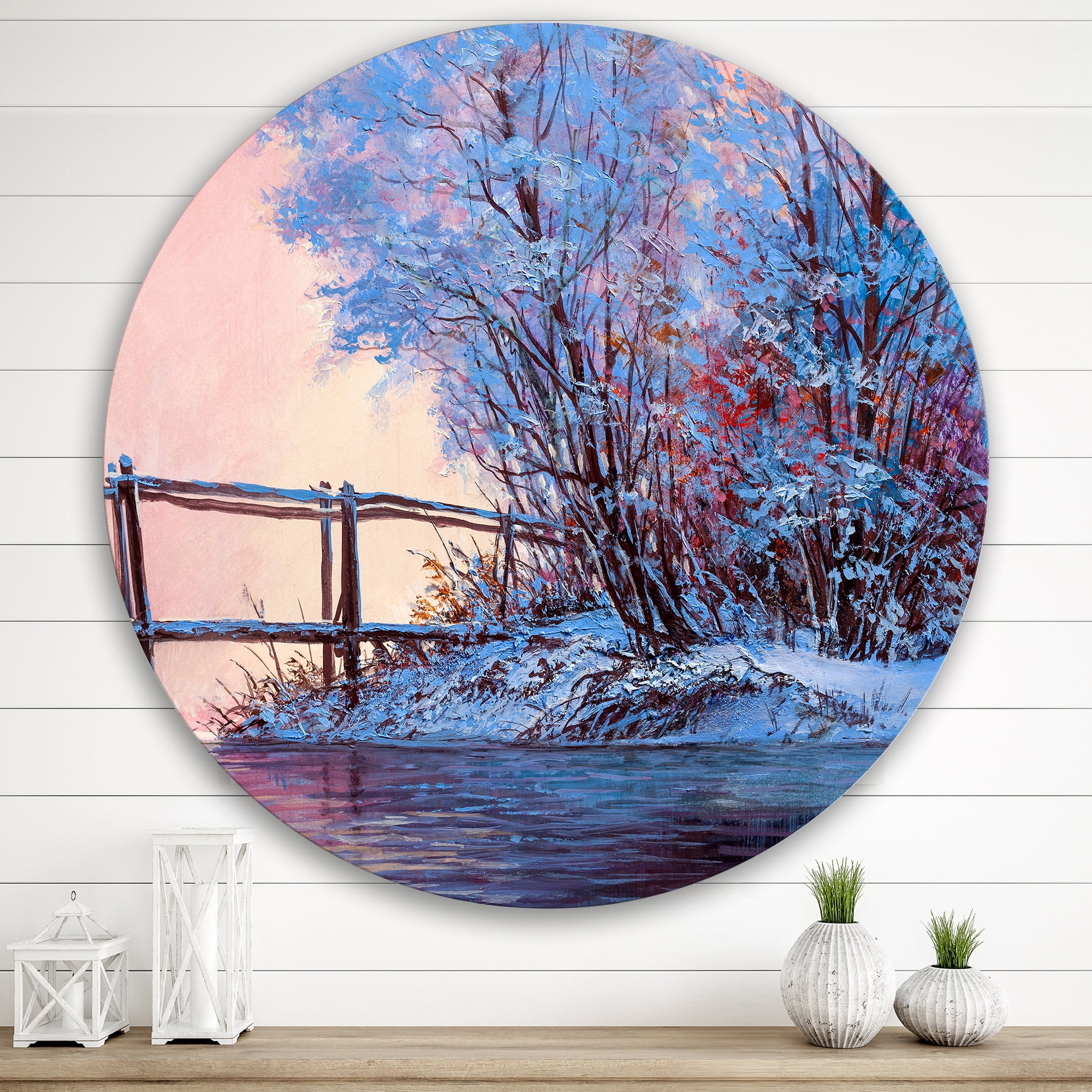 Designart 'Bridge Of Meandering River With Winter Scenery I' Lake House Circle Metal Wall Art 29x29 - Disc of 29