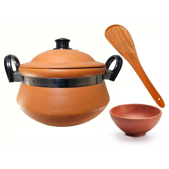 Clay Handi For Cooking & Serving With Lid   Serving Bowl   Wooden Spatula Combo, 3 Liters | Uncoated Pottery Storage Earthen India, Lightweight & Durable