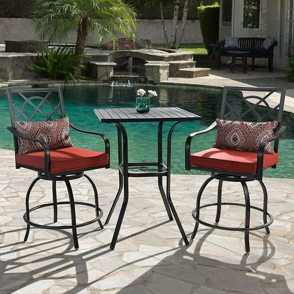 SUNCROWN 3-Piece Outdoor Bar Set, All-Weather Metal Frame Bar Height Swivel Chairs Bistro Set with Cushions and Bar Table for Porch, Backyard, Garden