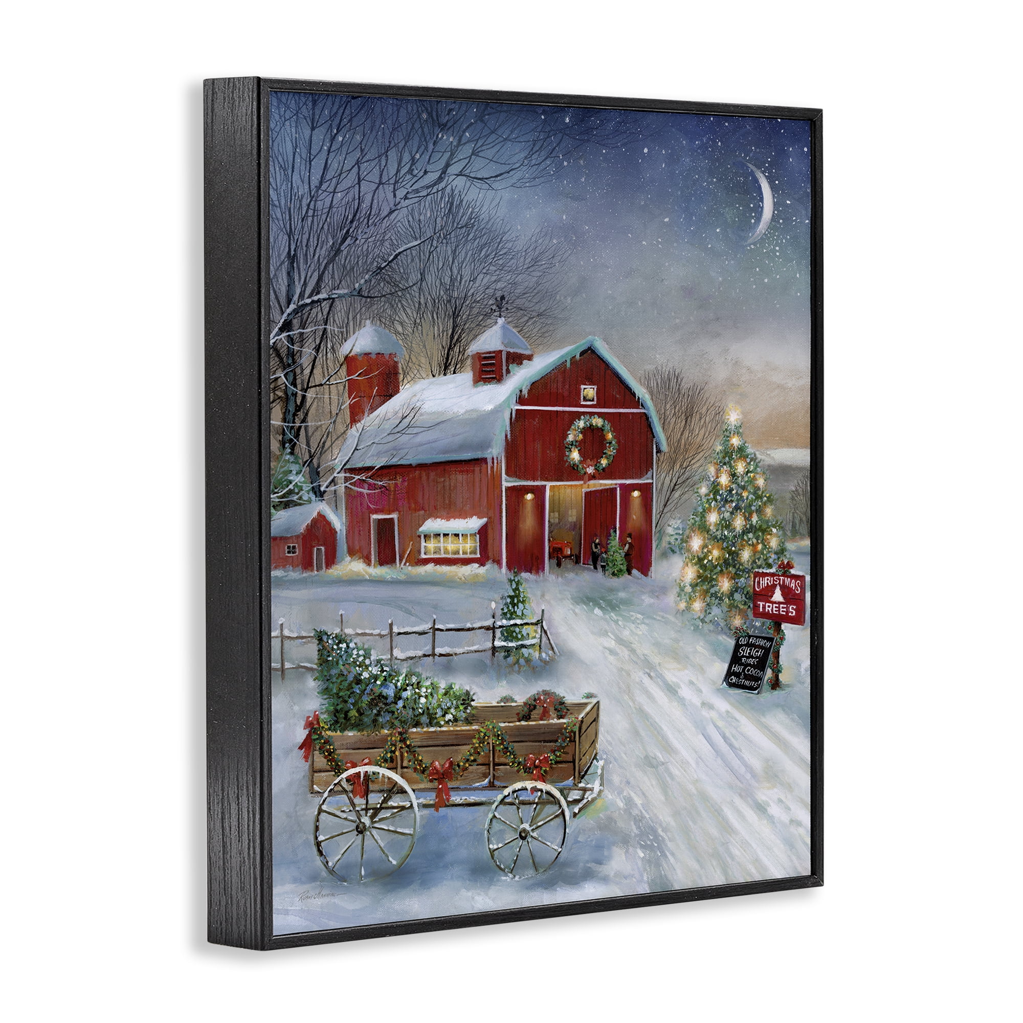 Stupell Industries Holiday Wagon & Barn Holiday Painting Black Framed Art Prints Wall Art, 11 x 14