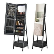 LED Jewelry Cabinet Standing Lockable Jewelry Armoire with Full-Length Mirror Space-Saving Jewelry Organizer Box with Mirror Bottom Drawer and Shelf Gift Idea Ink Black
