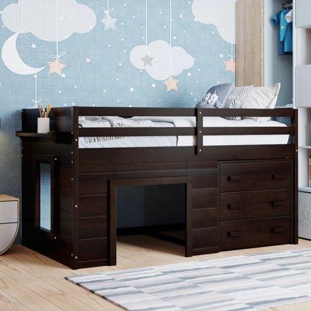 Twin Size Loft Bed in Espresso - With Cabinet & Shelf for Versatile Storage