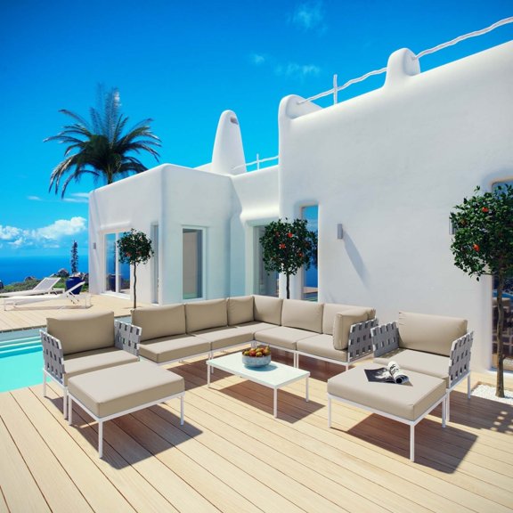 Modway Harmony 10 Piece Outdoor Patio Aluminum Sectional Sofa Set in White Gray