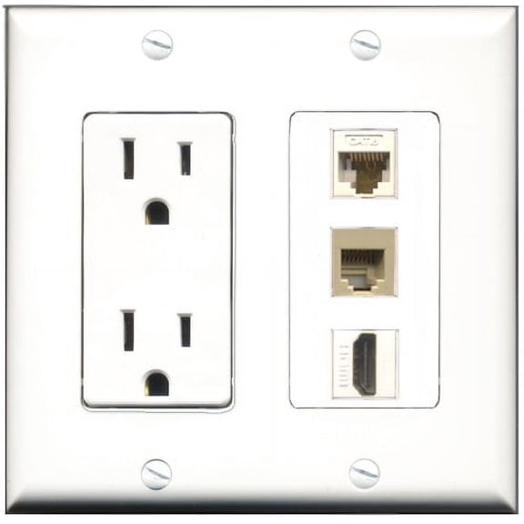 RiteAV - 15 Amp Power Outlet 1 Port HDMI 1 Port Phone Beige 1 Port Cat6 Ethernet Ethernet White Decorative Wall Plate