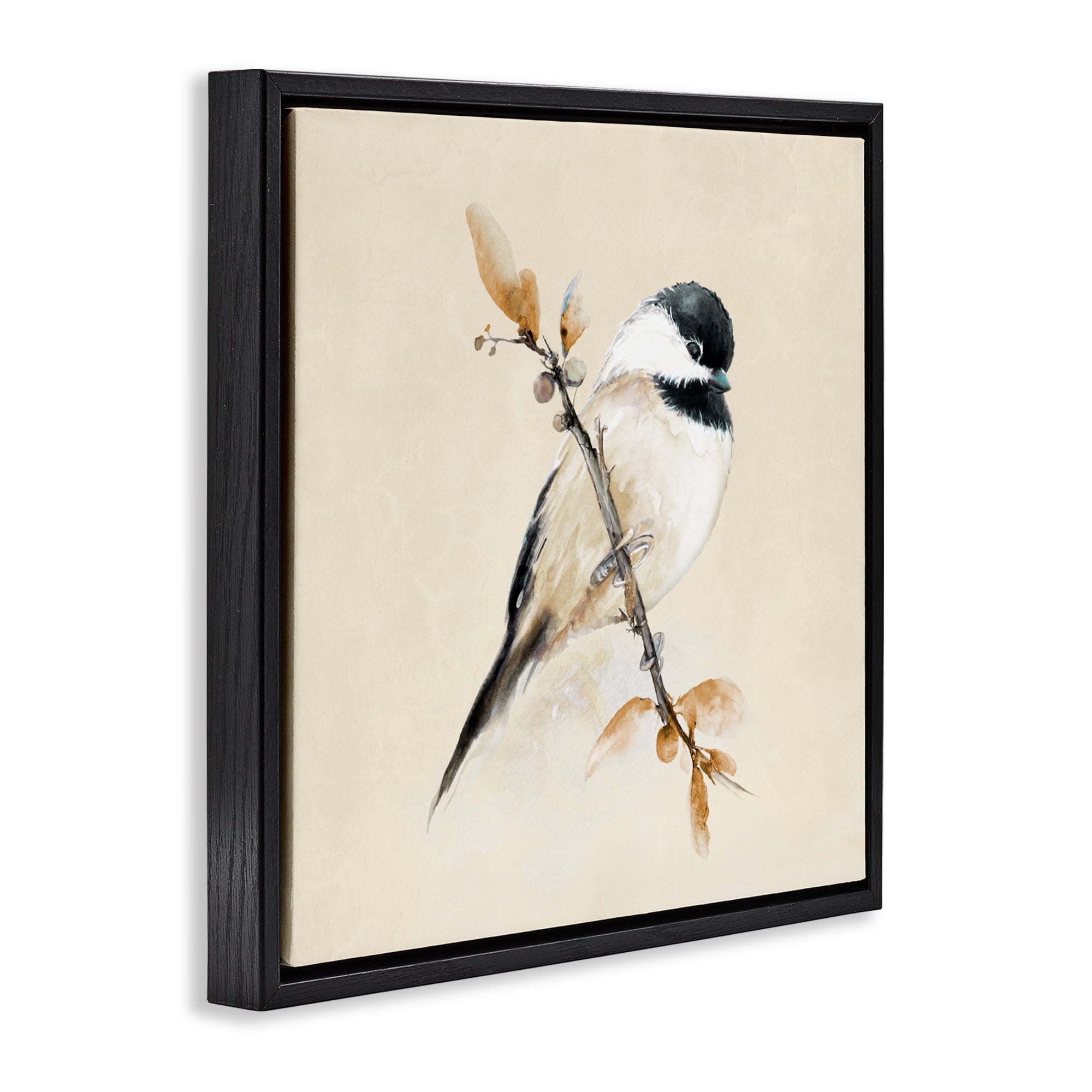 Stupell Industries Muted Watercolor Chickadee Black Framed Floater Canvas Wall Art, design by Diannart