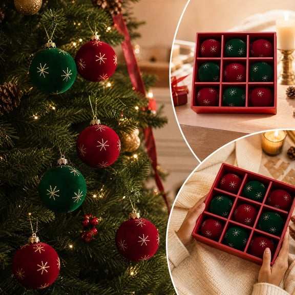Linargent 9Pc Christmas Ball Ornaments Set Flocked Hand Painted Shatterproof Plastic Baubles Soft Textured Hanging Decor Ballfor Xmas Tree Wreath Home Holiday Party Decor
