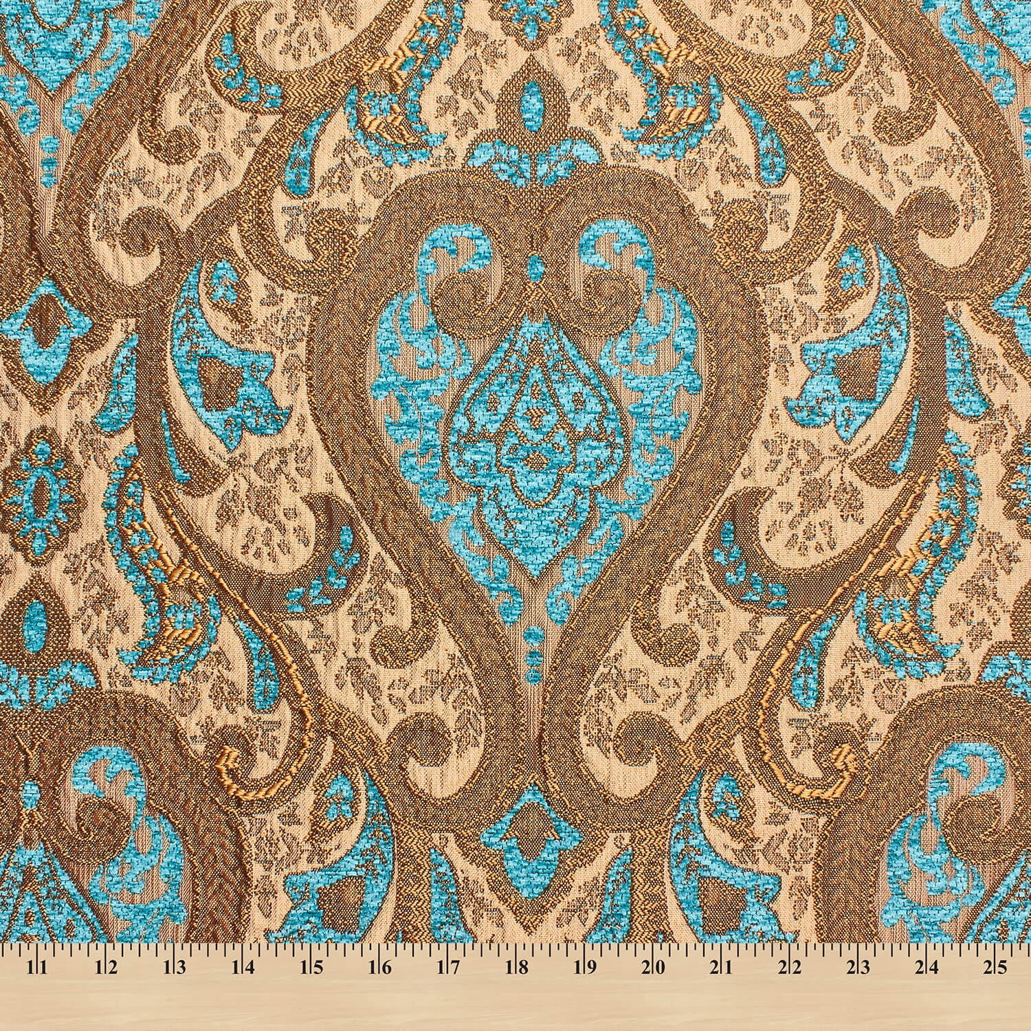 Spade Damask Chenille Upholstery Brocade Jacquard 58/59" Fabric By The Yard - Beige / Turquoise