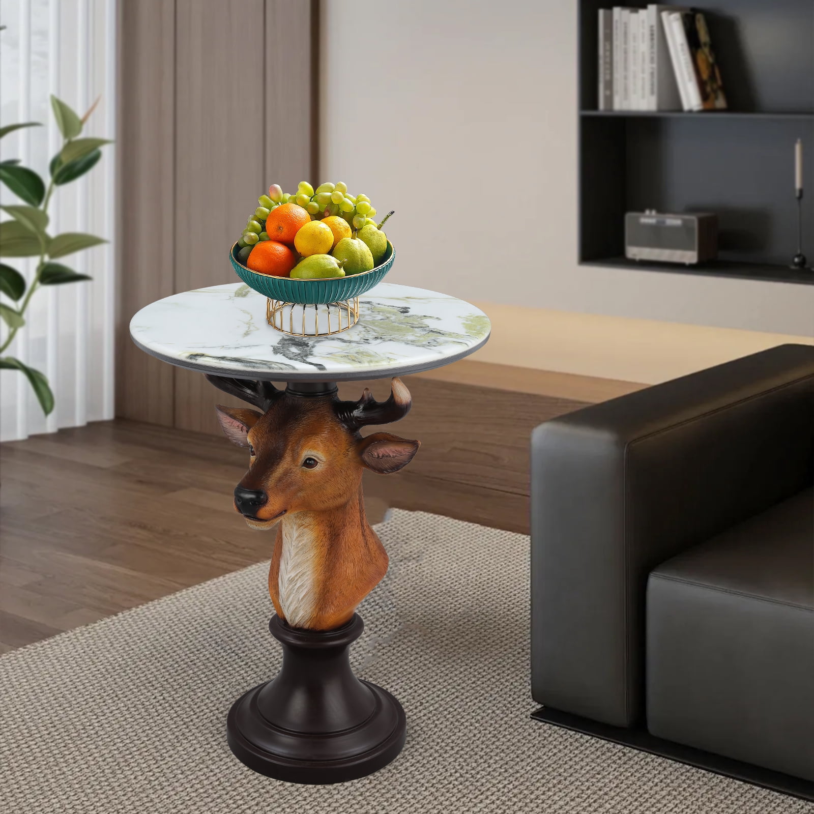 Deer Head Accent Table, Animal Statue End Table with Faux Marble Top, Resin Sculpture Side Table for Living Room, Cabin, Lodge, Rustic Decor, Brown