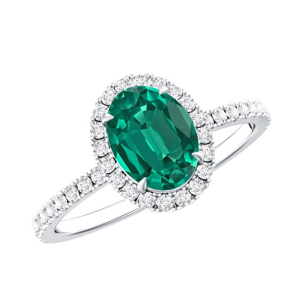 Rosec Jewels Lab Grown Emerald Oval Engagement Ring with Halo - 6X8 mm - Emerald Diamond Ring - AAAA Quality Certified, 925 Sterling Silver, US 4.00