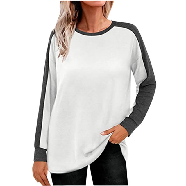 Blusa de camiseta de manga larga de color de contraste de costura de cuello redondo casual de moda para mujer Fridja fksj865