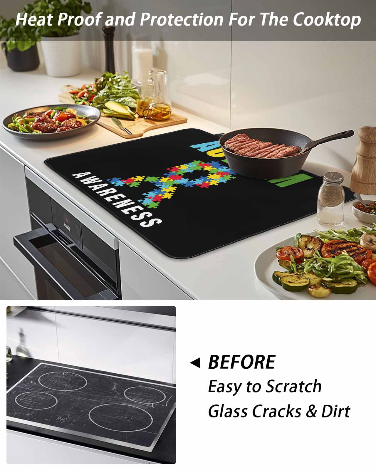Stove Top Covers for Electric Stove, Cartoon Autism Glass Stovetop Cover Protector, Abstract Awareness Colorful Blocks Modern Induction Cooktop Protector Oven Mat for Kitchen Countertop 24"x21"