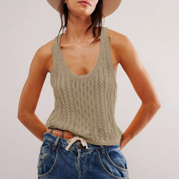 Beige Tshirts for Women's Fashion Solid Color Knitted Vest Top Summer Tank Tops for Women 2025