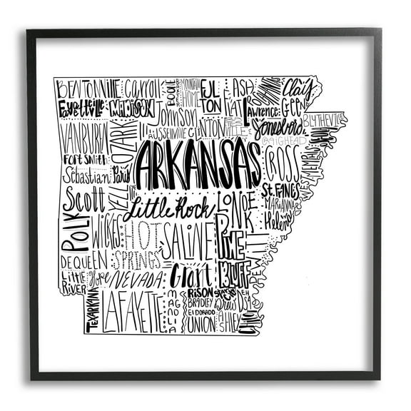 Stupell Industries Arkansas State Typography Cities Map Graphic Art Black Framed Art Print Wall Art, Design by The Saturday Evening Post