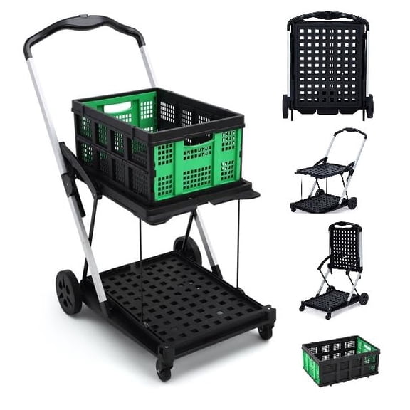 Collapsible Shopping Cart on Wheels, 2-Tier Folding Shopping Cart with Removable Storage Crat, Multi Use Utility Cart Portable Trolley for Picnic, Supermarket