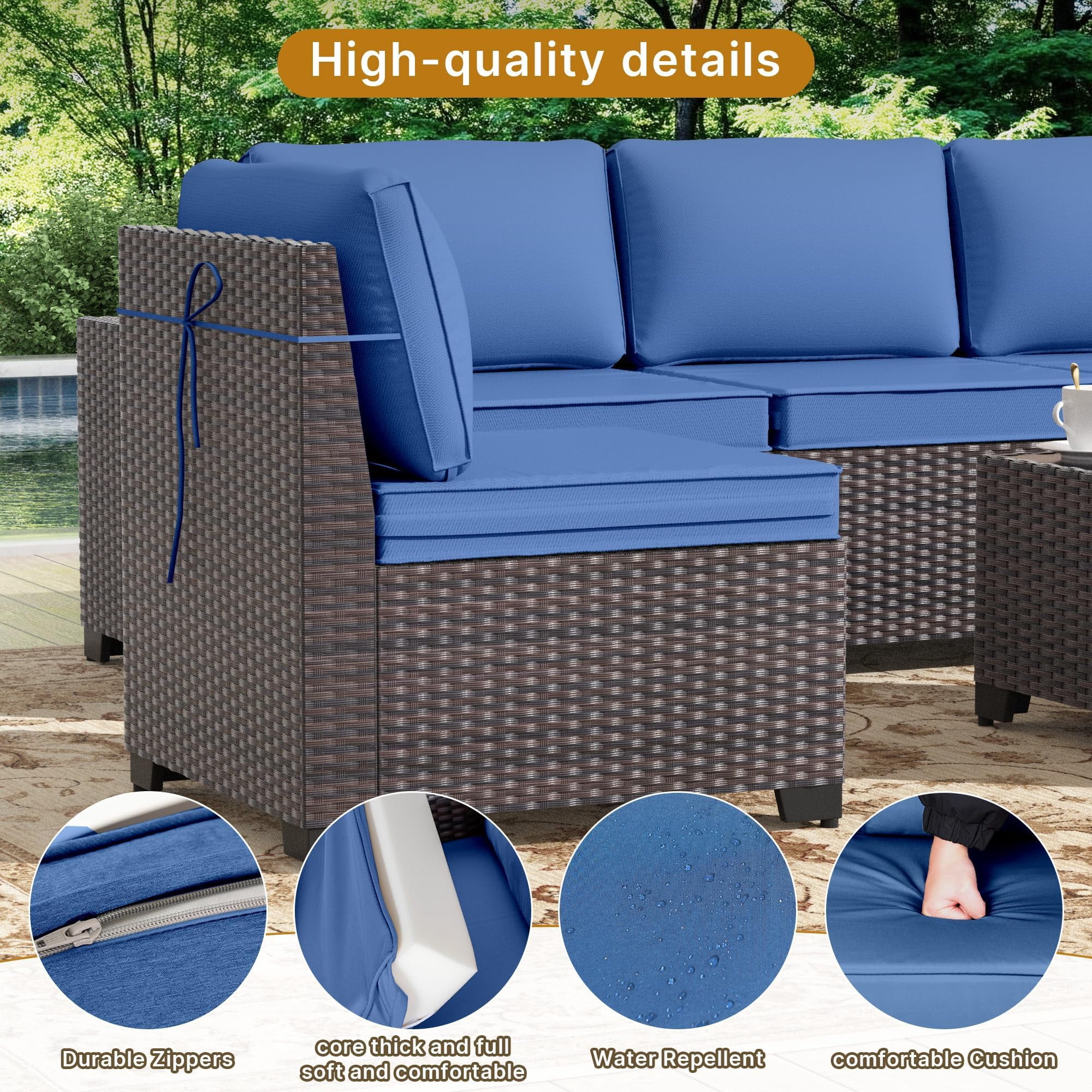 Gotland Outdoor Patio Set 8 Pcs Rattan Wicker Sofa with 43.3" Gas Fire Pit Table, Navy Blue