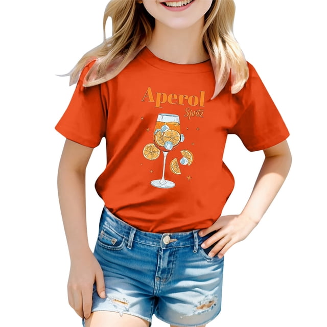 PMVFHDE Hauts pour Fille Tendance Manches Courtes Tunique Manches Courtes pour Sortir Carnaval d'Enfants Imprimé Col Rond T-Shirt Manches Courtes Orange, 3-4 Ans