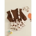 thumbnail image 3 of Suealasg Baby Girl Thanksgiving Outfit 3Pcs Newborn Girls Fall Clothing 3 6 12 18 Months Infant Girls Long Sleeve Ribbed Romper + Turkey Overall Pants+ Headband Set, 3 of 8