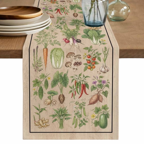 Rustic Vegetable Garden Table Runner 72 Inches, Vintage Farmhouse Plants Beige Bed Runner Dresser Scarves Tabletop for Indoor Outdoor Parties/Ceremony/Banquet, 18" x 72"