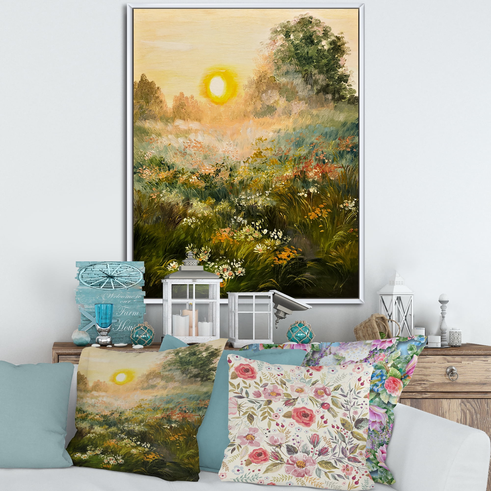 The Blossoming Field With Sunrise 16 in x 32 in Framed Painting Canvas Art Print, by Designart
