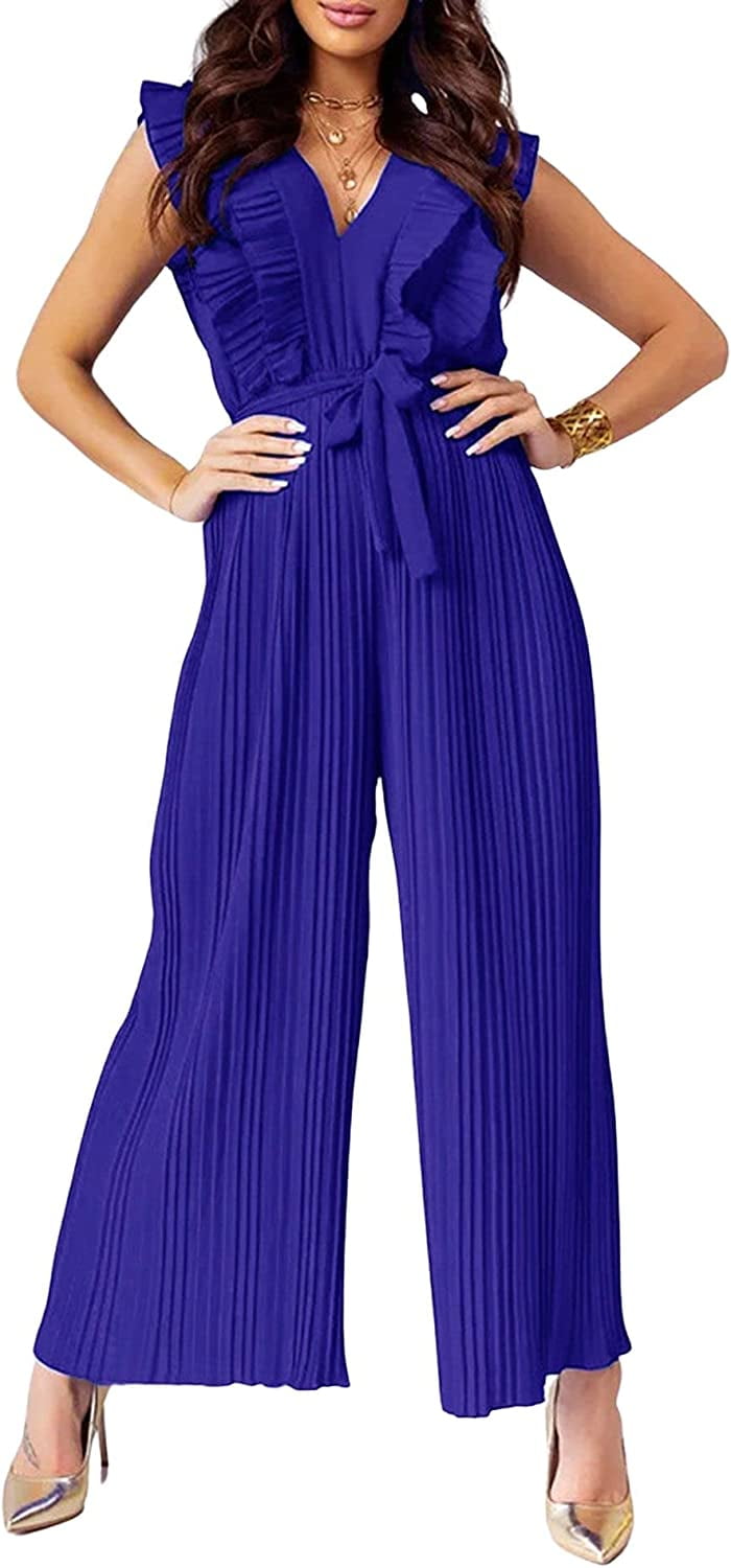 PIKADINGNIS Women Office Work Sleeveless Pleated Tiered Wide Leg Tank