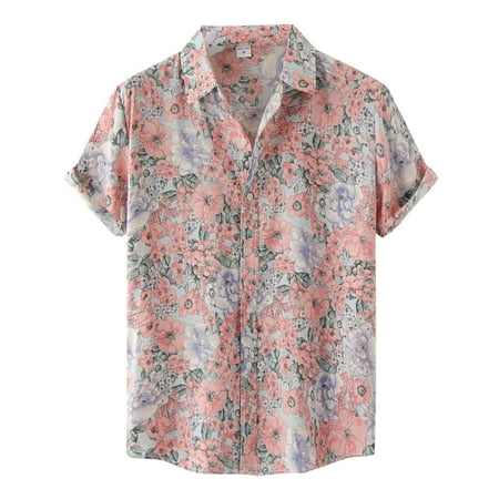 Noarlalf Mens Shirts Hawaiian Shirt for Men Men s Shirt Top Flower Hawaii Printed Top Handsome Shirt Short Sleeve Turn-Down Collar Button Shirt Mens Casual Button Down Shirts Pink M