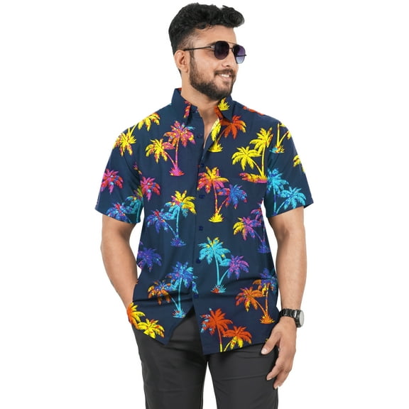HAPPY BAY Men's Hawaiian Shirts Short Sleeve Button Down Shirt Men's Party Shirts Casual Holiday Summer Tropical Island Shirts for Men Funny M Colorful Trees, Blue