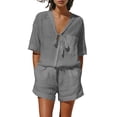 thumbnail image 2 of Costeam Womens Two Piece Outfit Tie Knot V Neck Short Sleeve Top and Elastic Drawstring Waist Shorts Set Linen Blend Matching Set with Pockets, 2 of 9