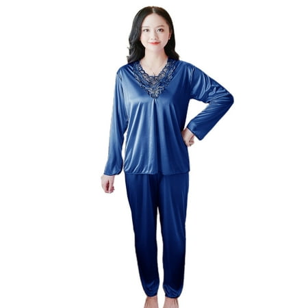 

Women 2 Piece Ice Silk Pajamas Set Long Sleeve Floral Lace Patchwork V-Neck Tops Pants Solid Color Sleepwear Loungewear